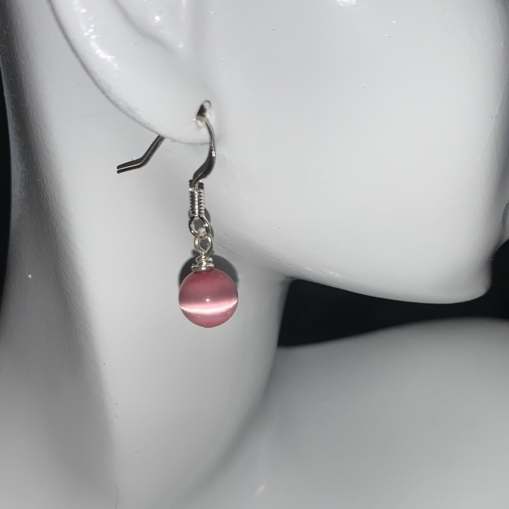 PULSE design Pink cats eye stone and Silver Drop Earrings
